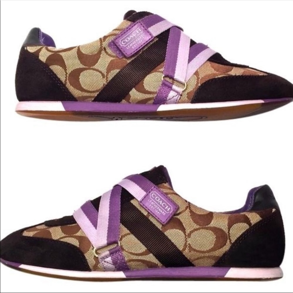 Coach Signature C Logo Sneakers Brown Canvas Suede With Purple Straps Size 8M